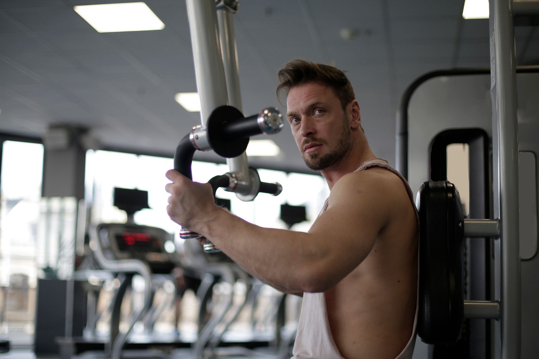 Gym equipment arranged for a focused exercise session